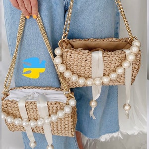 Strohgewebte Handtasche, Sommer-Schultertasche mit Perlen-Griff