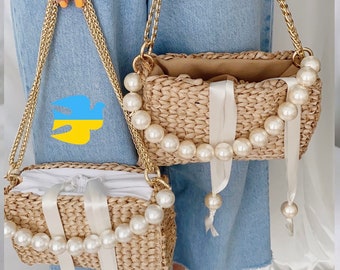 Straw Woven Handbag, Summer Shoulder Bag Pearl Top Handle