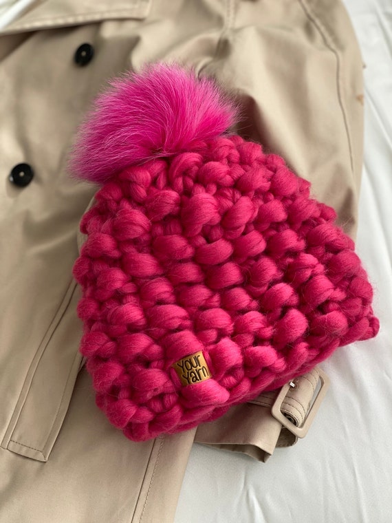 Chunky Knit Hat Fur Pom Pom, Fuchsia Bobble Knit Hat, Merino  display picture 3