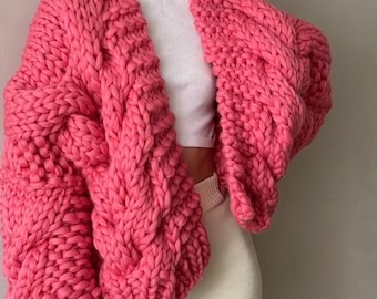 Cárdigan de punto grueso rosa | Suéter tipo cárdigan de punto cable de gran tamaño | Prendas de punto acogedoras hechas a mano para mujer