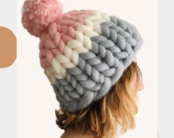 Womens Wool Hat, Chunky Knit Hat, Chunky Pom Pom Hat
