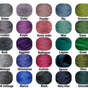 May include: A chart of 36 yarn colors, each color is represented by a ball of yarn. The colors are arranged in 6 rows of 6 balls each. The colors include: Nugget, Steam, Violet, Powder, Sky, Greenary, Lemon, Butter, London, Purple, Dusty cedar, Mint, Grass, Canary, Mustard, Rock, Eggplant, Bublegum, Lagoon, Green, Carrot, Caramel, Melange, Ultramarine, Fuchsia, Spruce, Olive, Tomato, Chocolate, Dark melange, Marina, Black, Navy blue, Emerald, Wine.