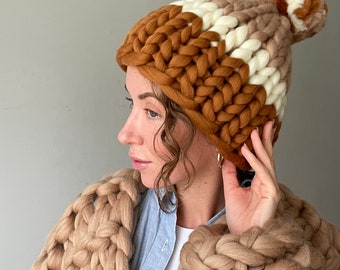 Knit Winter Hat, Chunky Hat Pom