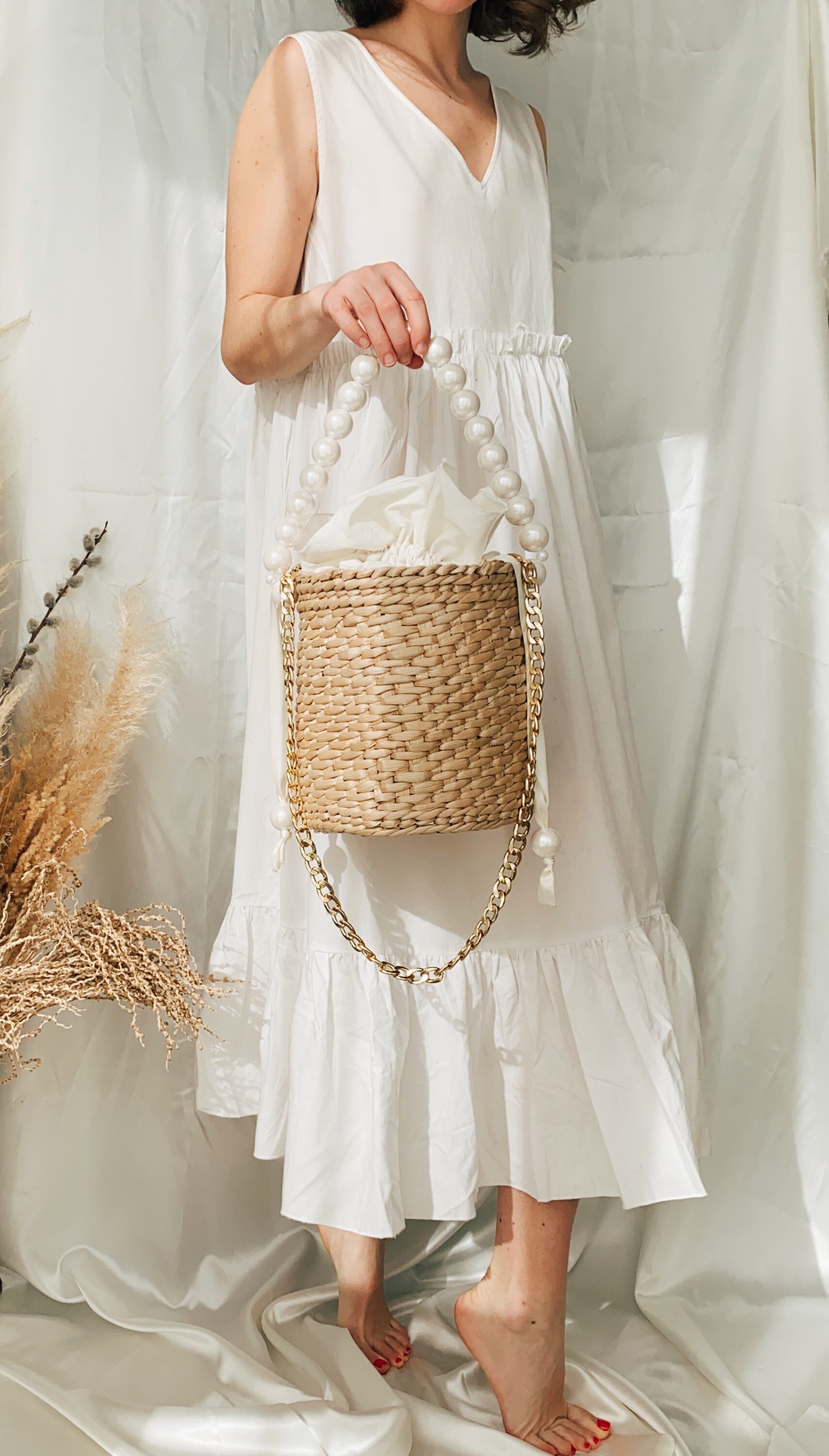 Womens Straw Bucket Bag Beaded Straw Bag Round Straw Handbag | Etsy