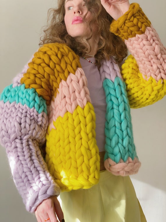 Knit Cropped Cardigan, Chunky Knit Cardigan, Oversized Wool Jacket, V-neck  Knit Jacket Multicolor -  Sweden