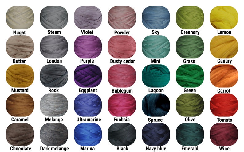 Pode incluir: Uma tabela de 36 cores de fio, cada cor &eacute; representada por um novelo de fio. As cores est&atilde;o dispostas em 6 filas de 6 novelos cada. As cores incluem: Nugget, Steam, Violet, Powder, Sky, Greenary, Lemon, Butter, London, Purple, Dusty cedar, Mint, Grass, Canary, Mustard, Rock, Eggplant, Bublegum, Lagoon, Green, Carrot, Caramel, Melange, Ultramarine, Fuchsia, Spruce, Olive, Tomato, Chocolate, Dark melange, Marina, Black, Navy blue, Emerald, Wine.