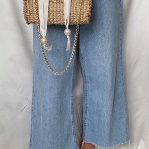 Straw Woven Handbag, Summer Shoulder Bag Pearl Top Handle image 8