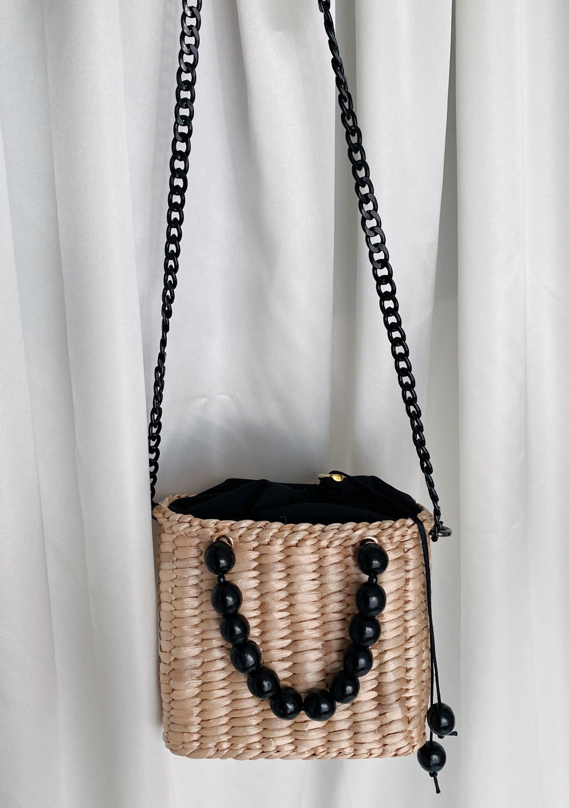 Woven Straw Tote Bag Wooden Handle Black Straw Handbag Etsy