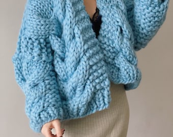 Cable Knit Oversized Chunky Cardigan Sweater Blue - Etsy Canada