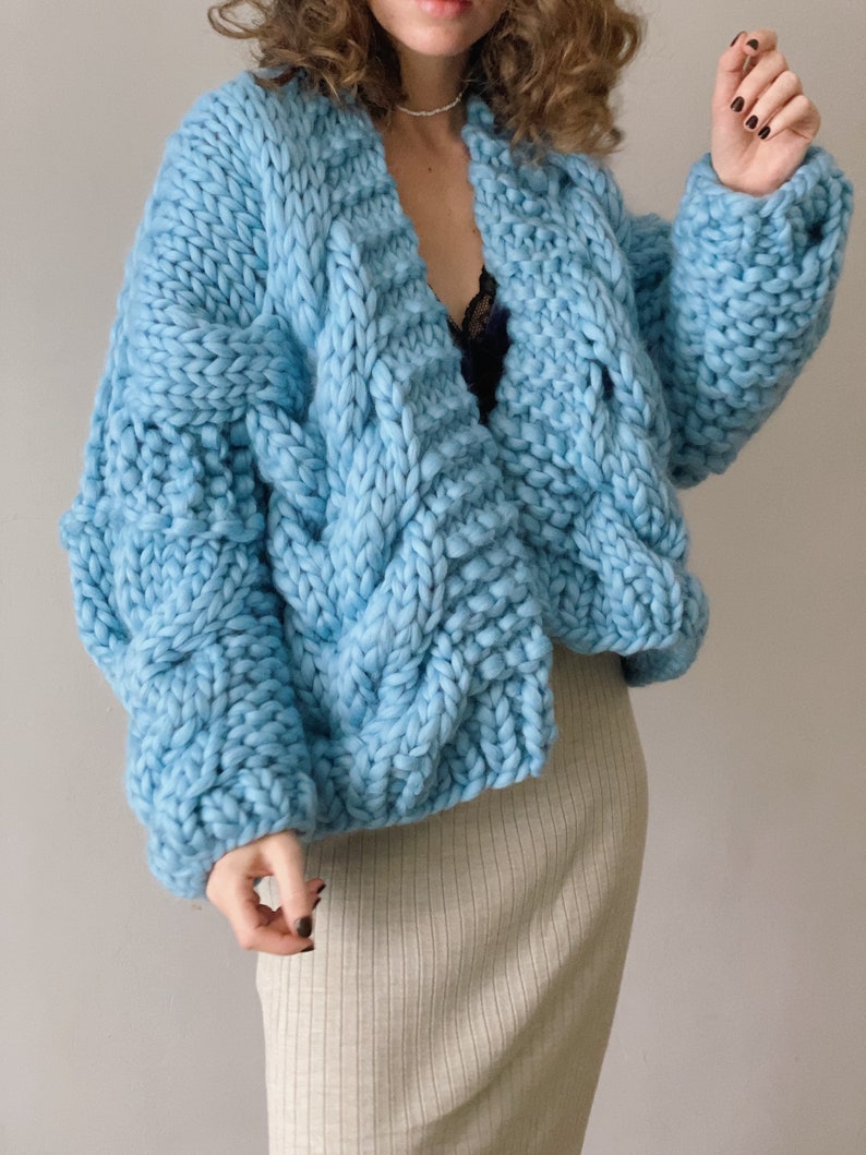 Cable Knit Oversized Chunky Cardigan Sweater Blue image 1