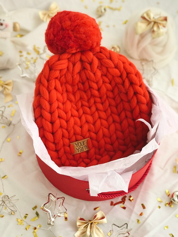Red Wool Beanie, Hand Knit Hat