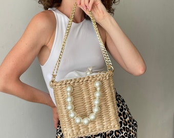 Straw Tote Bag Pearl Top Handle, Beaded Pearl Summer Cross Body Women Handbag