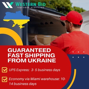May include: A red truck with the back open, a person in a red shirt and red baseball cap is loading a box into the truck. The truck has a blue and yellow Ukrainian flag on the side. The text on the truck says "WESTERN BID" and "торговое агентство". The text below the truck says "GUARANTEED FAST SHIPPING FROM UKRAINE". There are two checkboxes with text below them: "UPS Express: 3-5 business days" and "Economy via Miami warehouse: 10-14 business days".