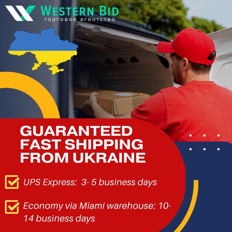 May include: A red truck with the back open, a person in a red shirt and red baseball cap is loading a box into the truck. The truck has a blue and yellow Ukrainian flag on the side. The text on the truck says "WESTERN BID" and "торговое агентство". The text below the truck says "GUARANTEED FAST SHIPPING FROM UKRAINE". There are two checkboxes with text below them: "UPS Express: 3-5 business days" and "Economy via Miami warehouse: 10-14 business days".