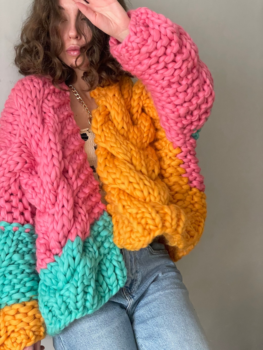 Cardigan in lana all'uncinetto grosso, maglione lavorato a mano