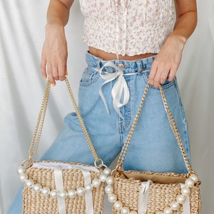 Straw Woven Handbag, Summer Shoulder Bag Pearl Top Handle image 9