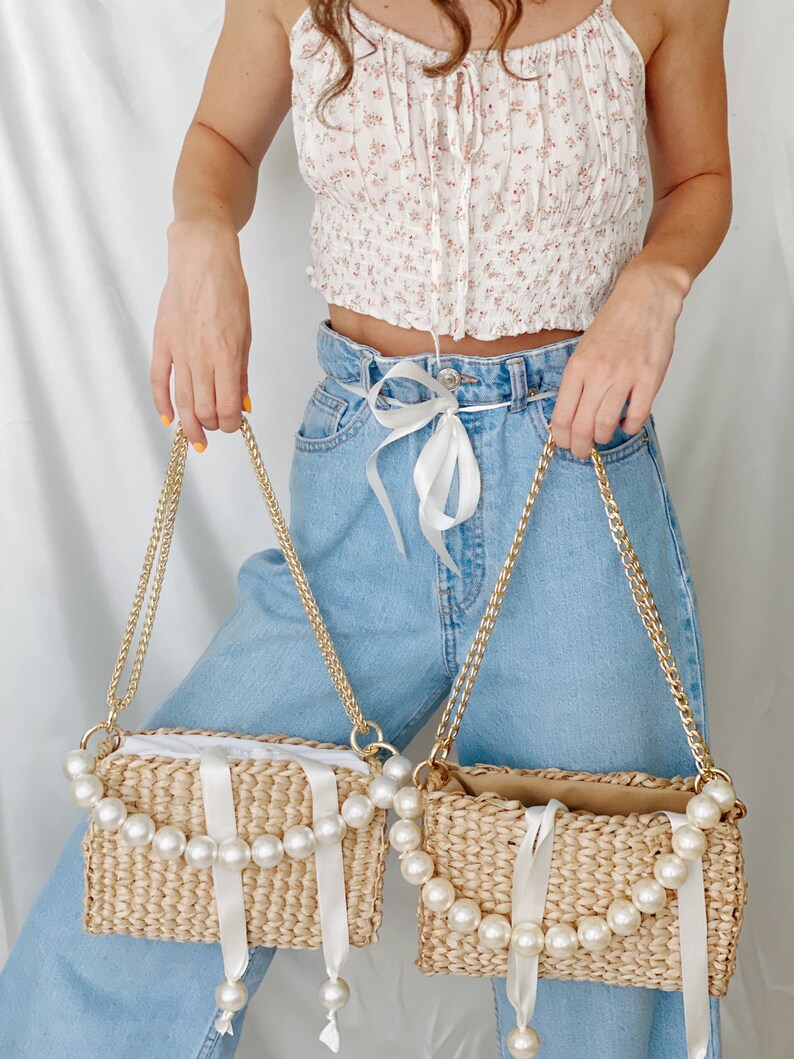 Straw Woven Handbag, Summer Shoulder Bag Pearl Top Handle image 9