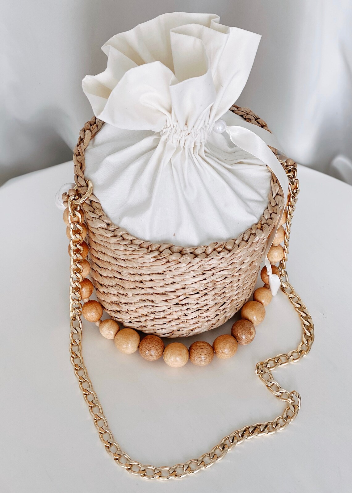 Straw Bag Bucket Bag Beaded Handle and Shoulder Chain Straw Etsy