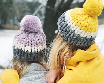 Women's wool knit hat, Knit Beanie, Big yarn Knit Womens Winter Hat with Pom Pom, Unisex Ski Hat,
