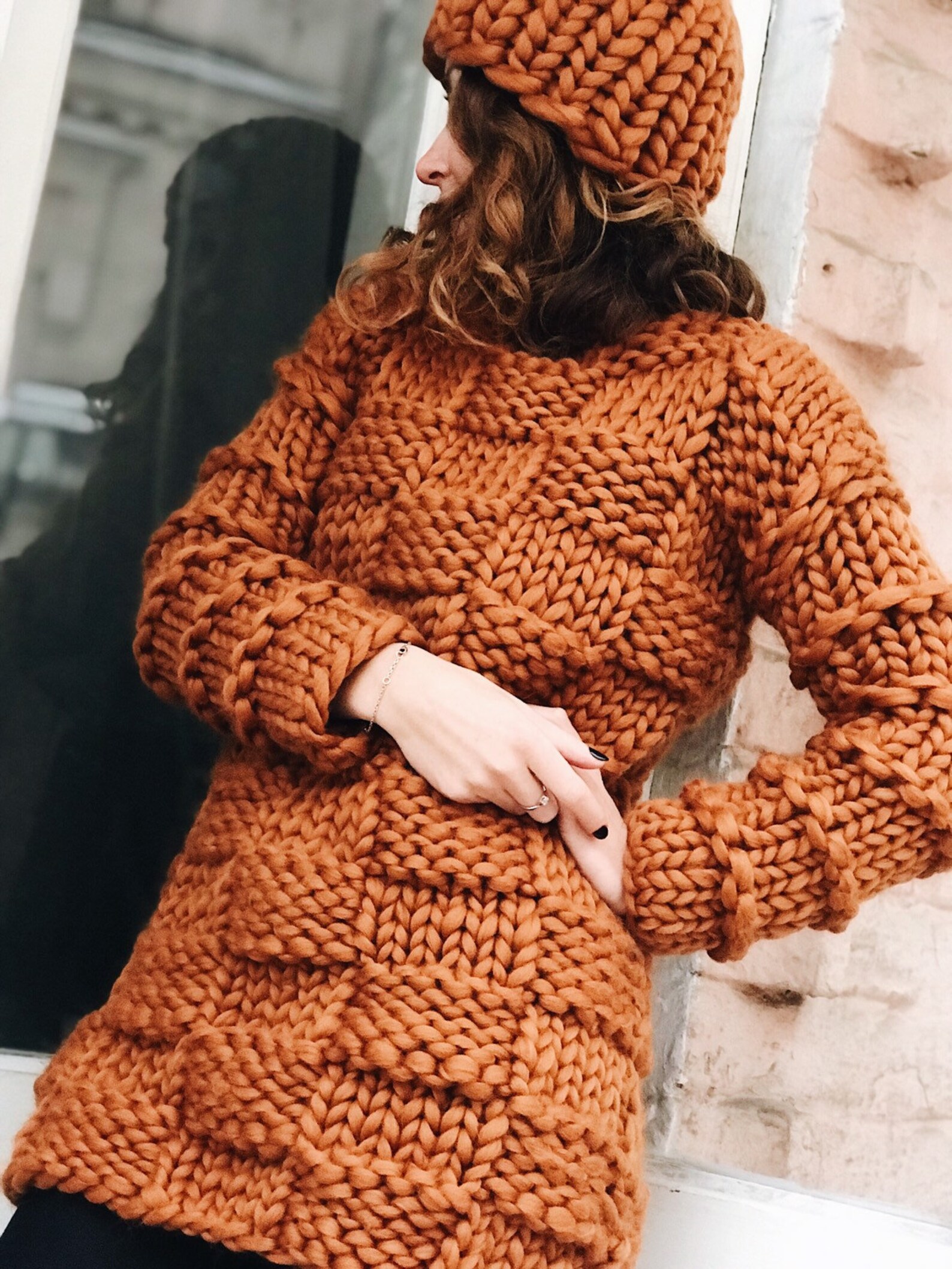 Mustard Yellow Ruffled Neckline Knit Sweater For Winter Unisex Loose Fit Cozy Soft Wool Blend main image 0