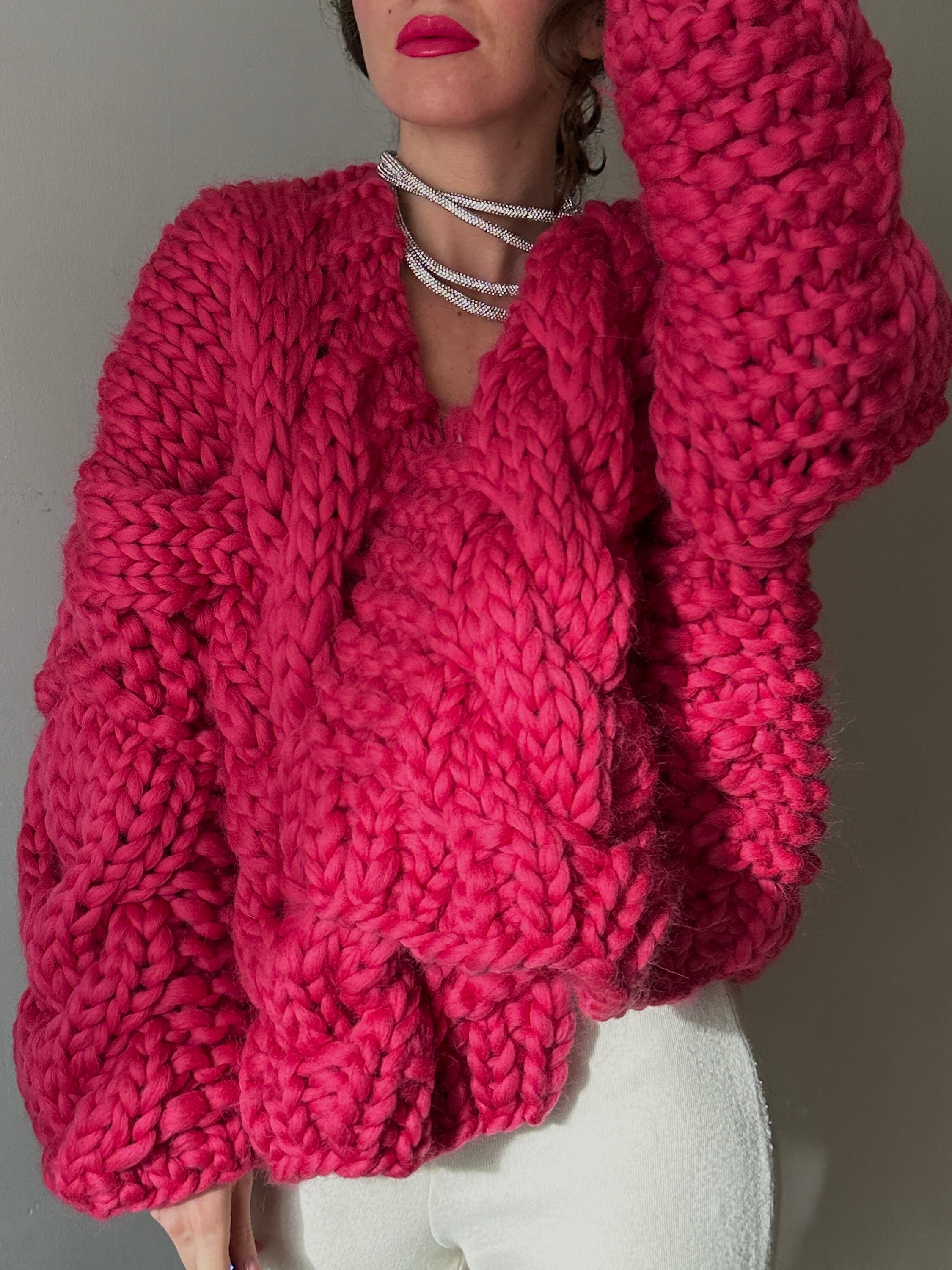 Womens Cable Knit Chunky Cardigan, Handmade Fuchsia Sweater