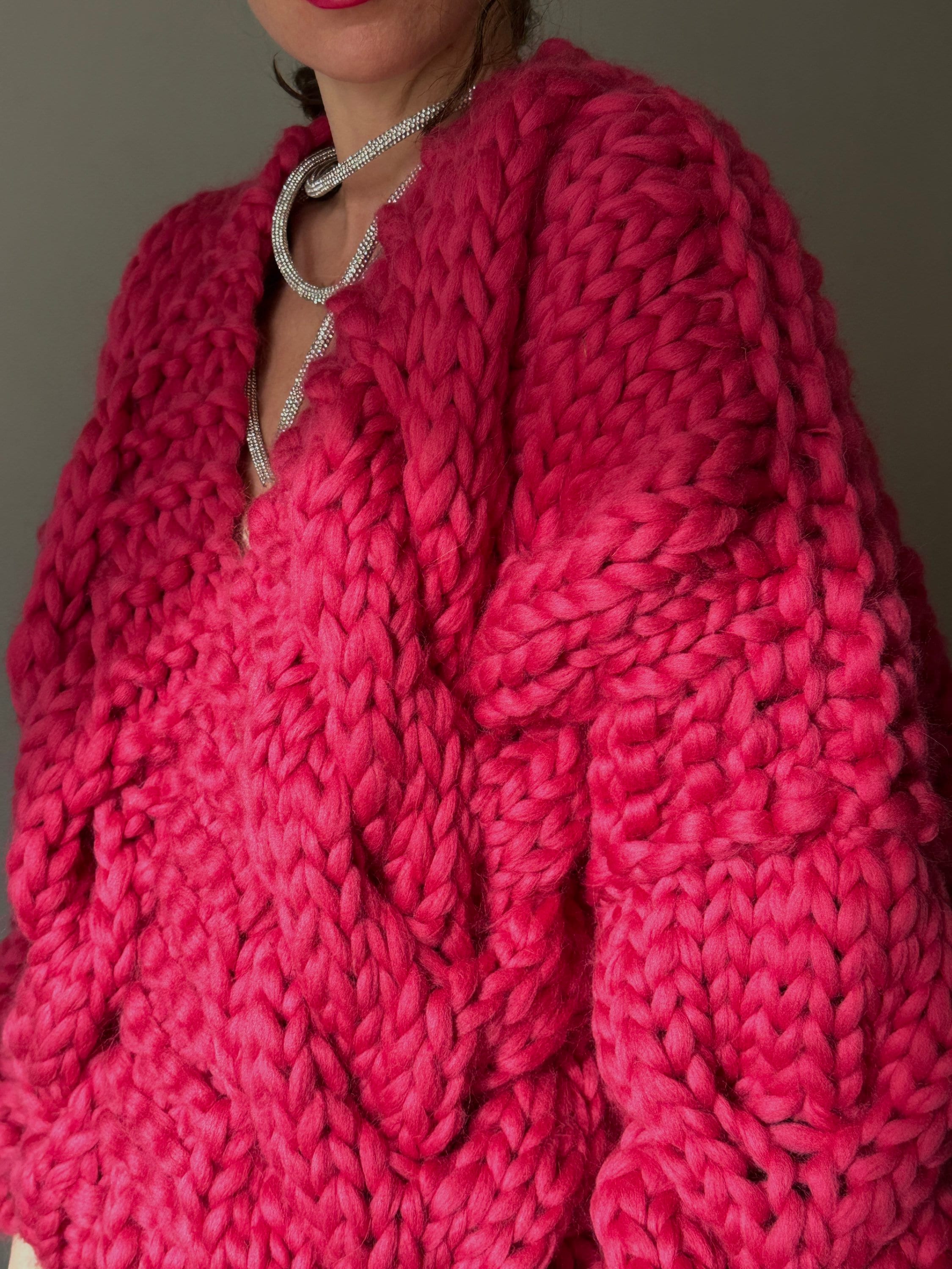 Womens Cable Knit Chunky Cardigan, Handmade Fuchsia Sweater Womens Cable Knit Chunky Cardigan, Handmade Fuchsia Sweater