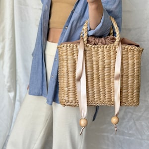 Straw Bag French Market Basket, Straw Tote with handles image 1