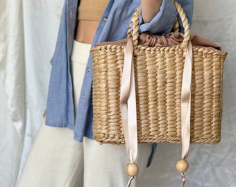 Straw Bag French Market Basket, Straw Tote with handles