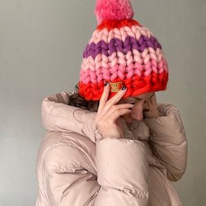 Chunky Knit Hat Pom Pom, Women Crochet Wool Hat
