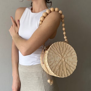 Wicker Round Straw Bag, Woven Circle Crossbody Summer Handbag with Wooden Beads image 1