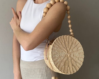 Wicker Round Straw Bag, Woven Circle Crossbody Summer Handbag with Wooden Beads