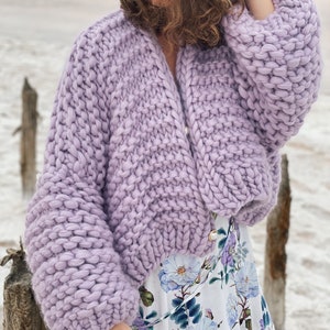 Balloon Sleeve Crop Lavender Chunky Cardigan V-neck Chunky - Etsy