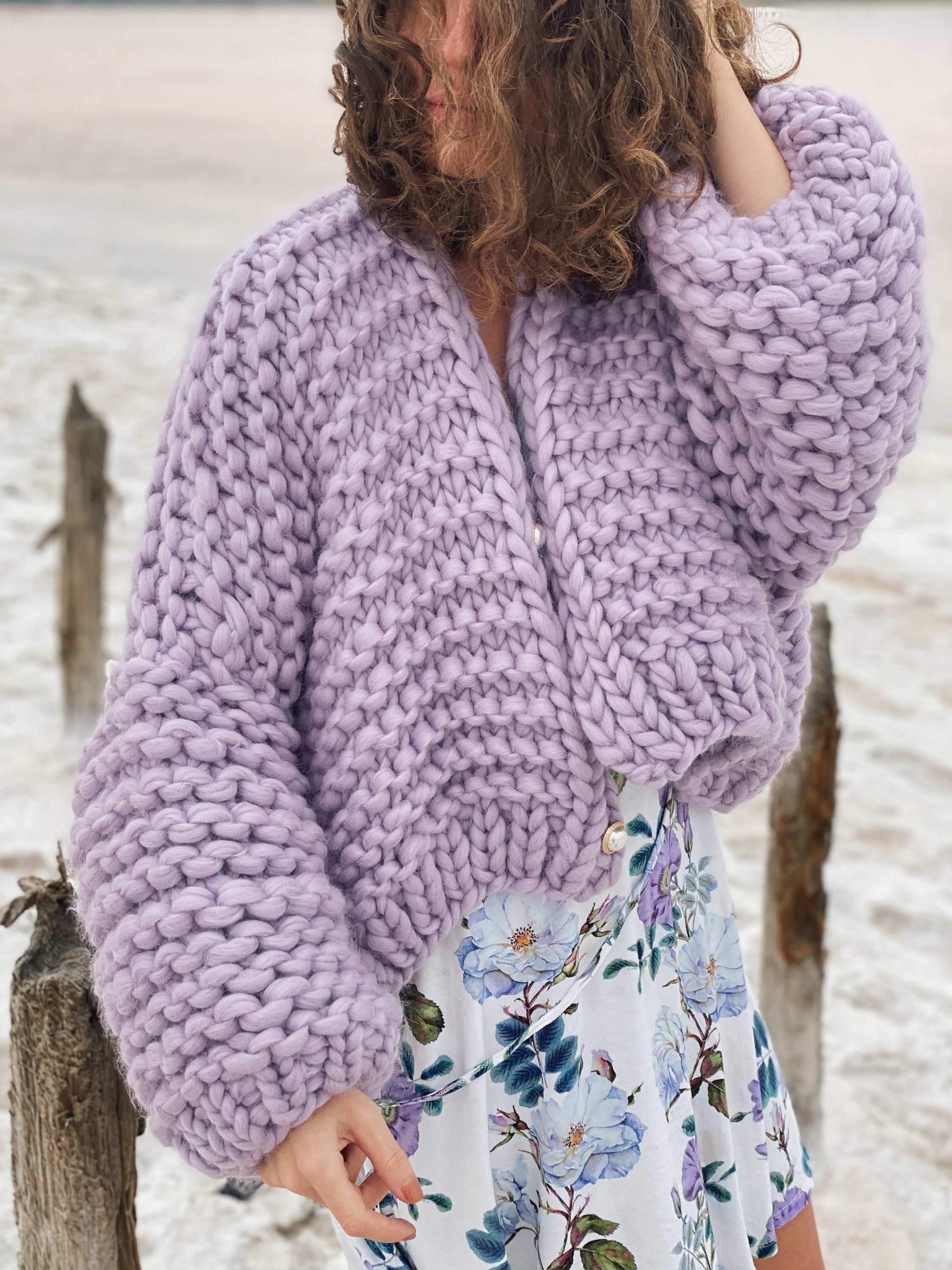 Balloon Sleeve Crop Lavender Chunky Cardigan, V-neck Chunky