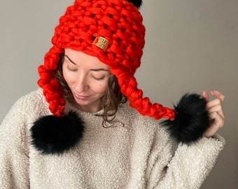 Winter Chunky Knit Earflap Hat Fur Pom Pom