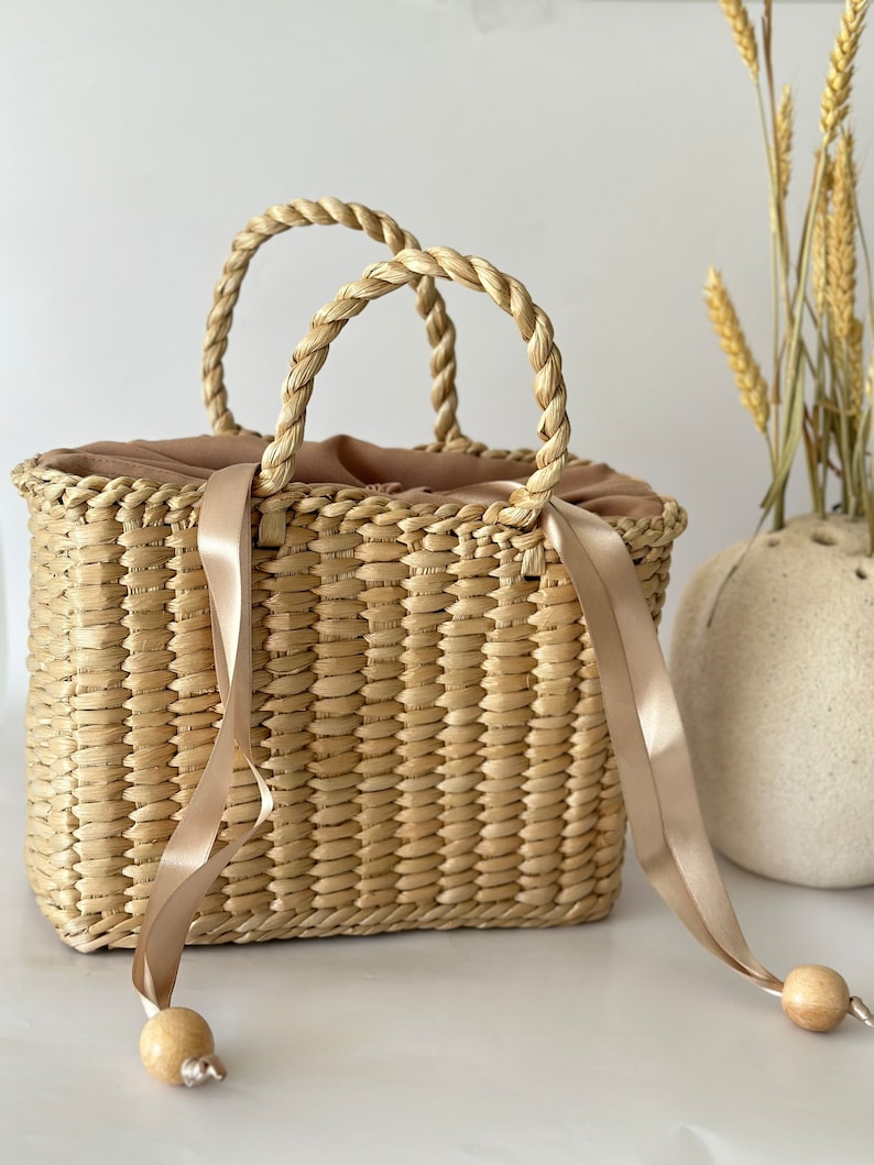 Straw Bag French Market Basket, Straw Tote with handles image 3