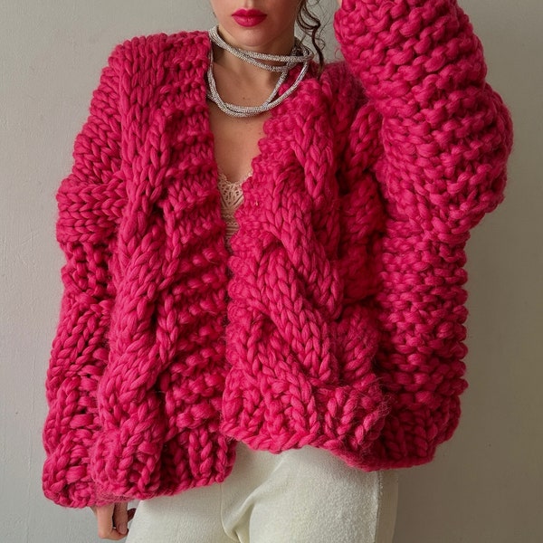 Fuchsia Speckled Yarn Knit Button Up Thick Cardigan