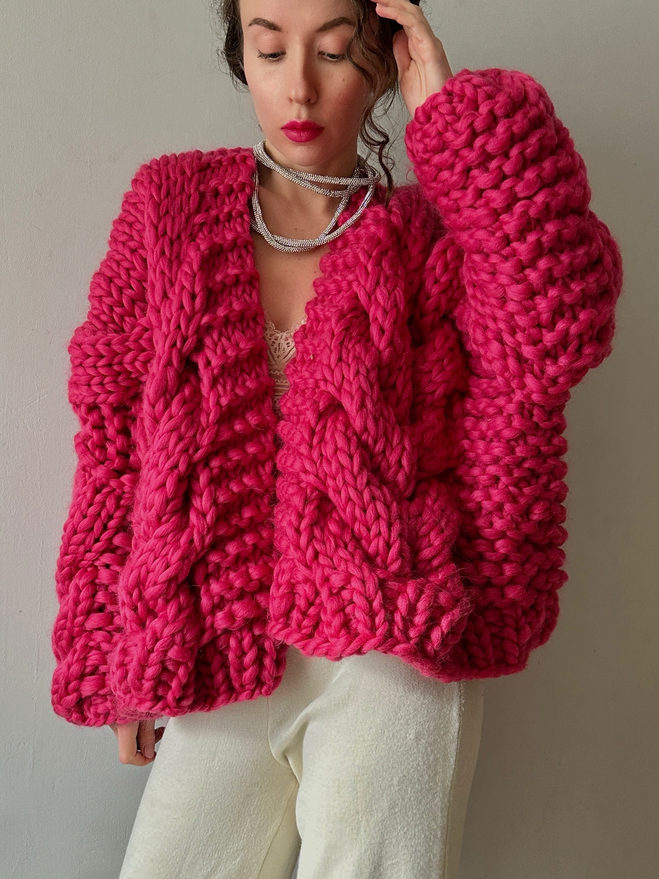 Womens Cable Knit Chunky Cardigan, Handmade Fuchsia Sweater Womens Cable Knit Chunky Cardigan, Handmade Fuchsia Sweater