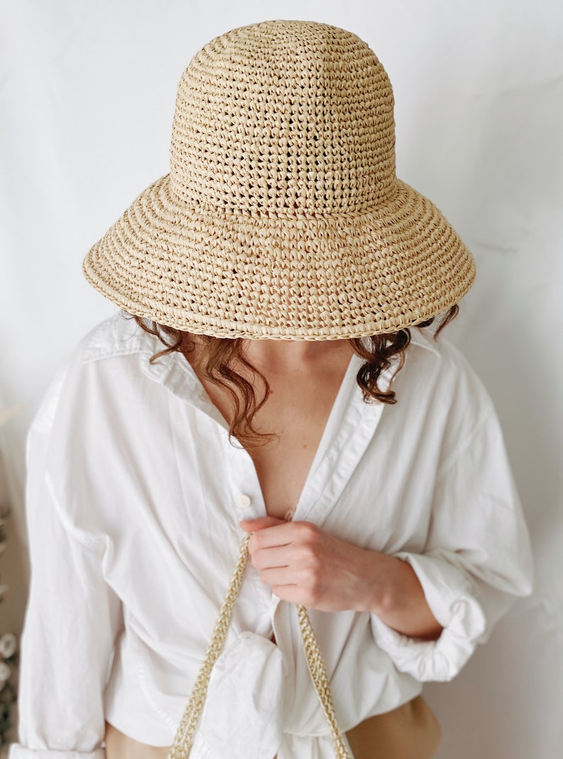 Raffia Bucket Hat Crochet Raffia Summer Hat Wide Large Brim Etsy