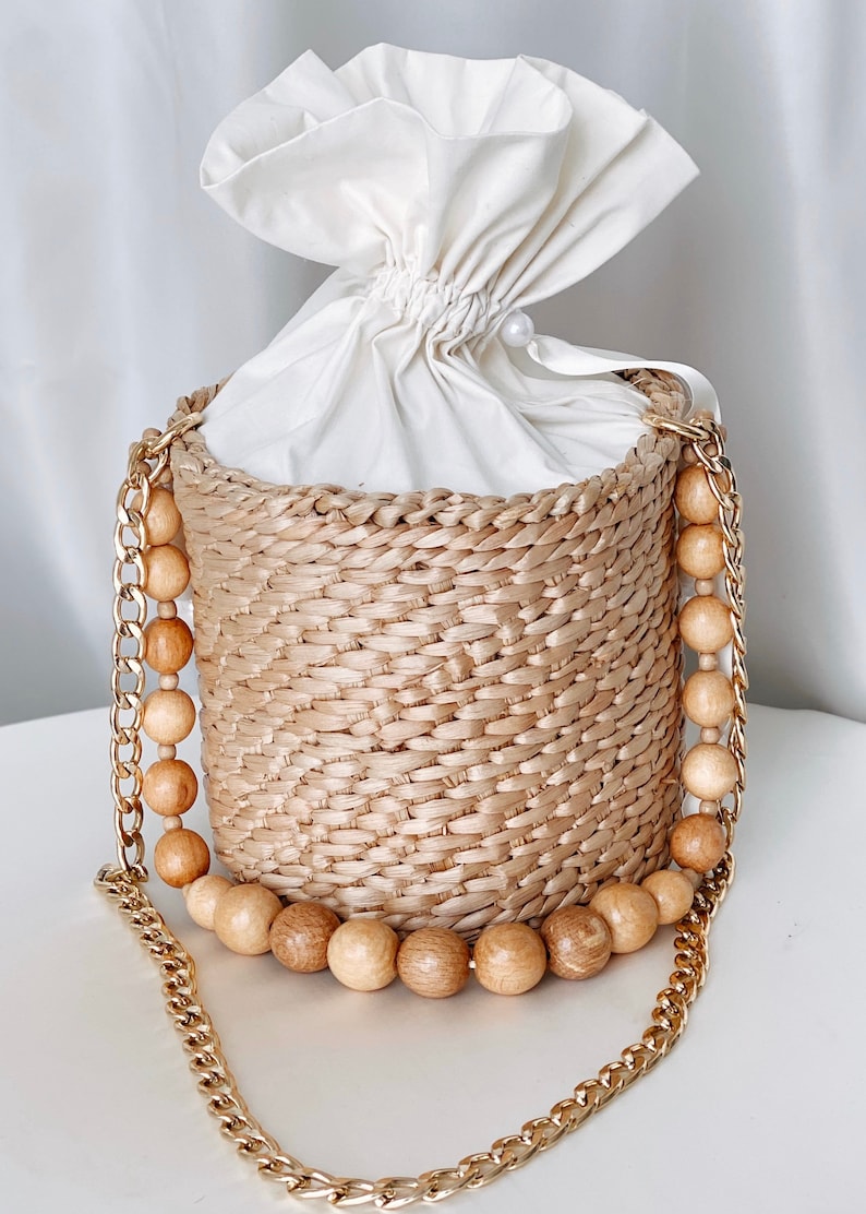 Straw Bag Bucket Bag Beaded Handle and Shoulder Chain Straw Etsy