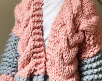 Womens Chunky Cable Knit Cardigan Pink