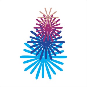 K&ouml;nnte beinhalten: Abstrakte Illustration von geschichteten, stilisierten Blumenformen in Blau-, Lila- und Beiget&ouml;nen vor wei&szlig;em Hintergrund. Das Design zeigt eine Ansammlung von radialen Linien, die eine dynamische und farbenfrohe Komposition erzeugen.