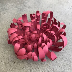 K&ouml;nnte beinhalten: Eine gro&szlig;e Papierblume in tiefen Rosat&ouml;nen, die einer Chrysantheme &auml;hnelt. Die Bl&uuml;tenbl&auml;tter sind aufwendig geschnitten und gerollt, wodurch ein geschichteter, dimensionaler Effekt entsteht. Die Blume liegt auf einer grauen Betonoberfl&auml;che.