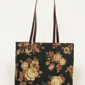 Large Carry-All Tote Bag Purse Handbag Shoulder Bag Leather Straps Vintage Fabric image 3