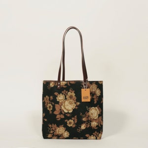 Large Carry-All Tote Bag Purse Handbag Shoulder Bag Leather Straps Vintage Fabric image 1