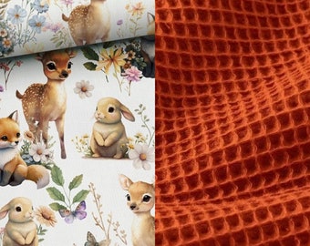 Coperta o copriletto 4 misure con animali del bosco in radura con scuro o velluto trapuntato o cotone waffle a scelta MOJAMAJA