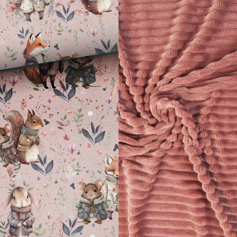 Blanket or bedspread 4 sizes for a bed with forest animals: squirrels, mice, foxes, bunnies on a calm pink striped minky fabric _ MOJAMAJA image 1