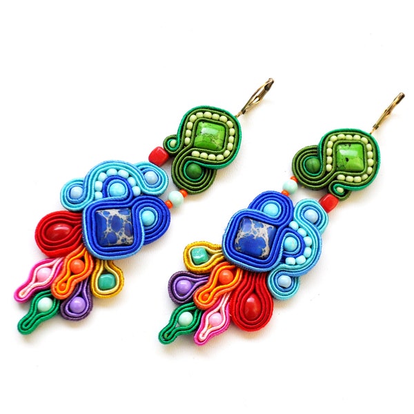 Boucles d'oreilles MARACAIBO soutache arc-en-ciel extrêmement colorées _ Boucles d'oreilles fabuleuses Boho _ Bijoux faits main