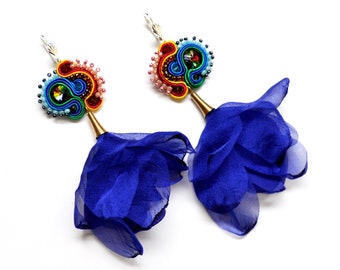 Soutache embroidered earrings VOLCANO _ Colorfull and unique _ Soutache earrings with flowers _ Handmade jewelry _ Soutache jewelry