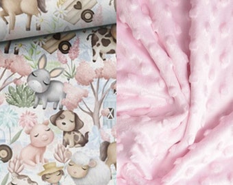 Baby blanket or bedcover _ 4 sizes too choose _ MOJAMAJA _ Blanket with farm animals and light pink minky or waffle cotton or quilted velvet