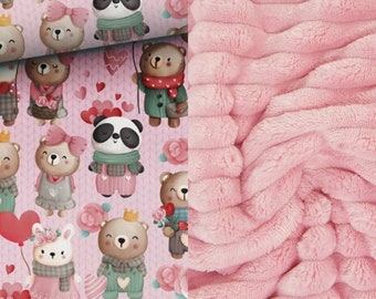 Decke mit verliebten Tieren und Herzen _ Pandas, Teddybären, Kaninchen, Rentiere _ Minky, Waffelbaumwolle oder gesteppter Samt _ MOJAMAJA